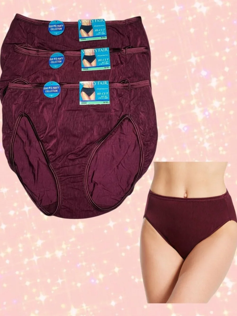3 NWT Vanity Fair 13108 Illumination Hi Cut Brief Panty Panties Maroon Red 8/XL